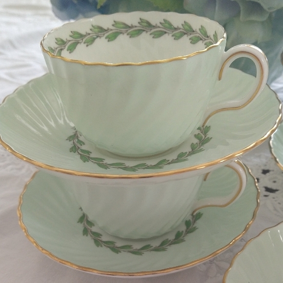 Set Of 5 Teacup And Saucer Minton Cheviot Blue Green Gold Vintage Elegant Design - Picture 1 of 4